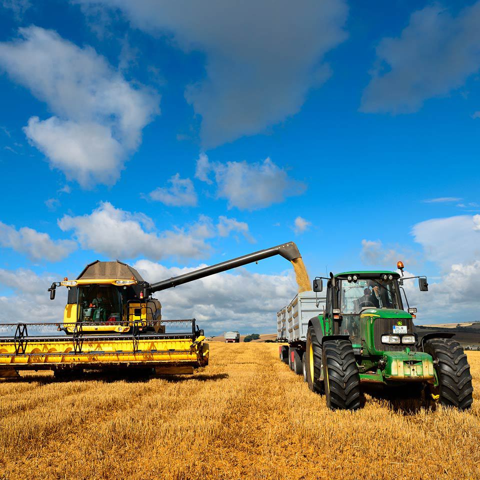 combine and tractor in a field on a sunny day